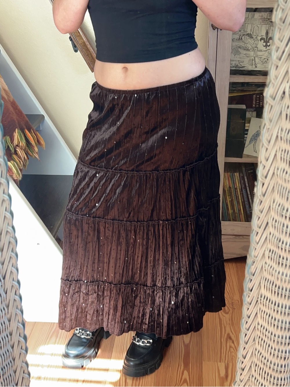 Vintage Y2K Brown Velvet Tiered Maxi Skirt Sequins Beaded Boho Festival